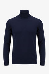 Maglione da uomo a collo alto blu navy, in morbido misto viscosa, a maniche lunghe.