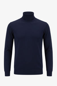Maglione da uomo a collo alto blu navy, in morbido misto viscosa, a maniche lunghe.