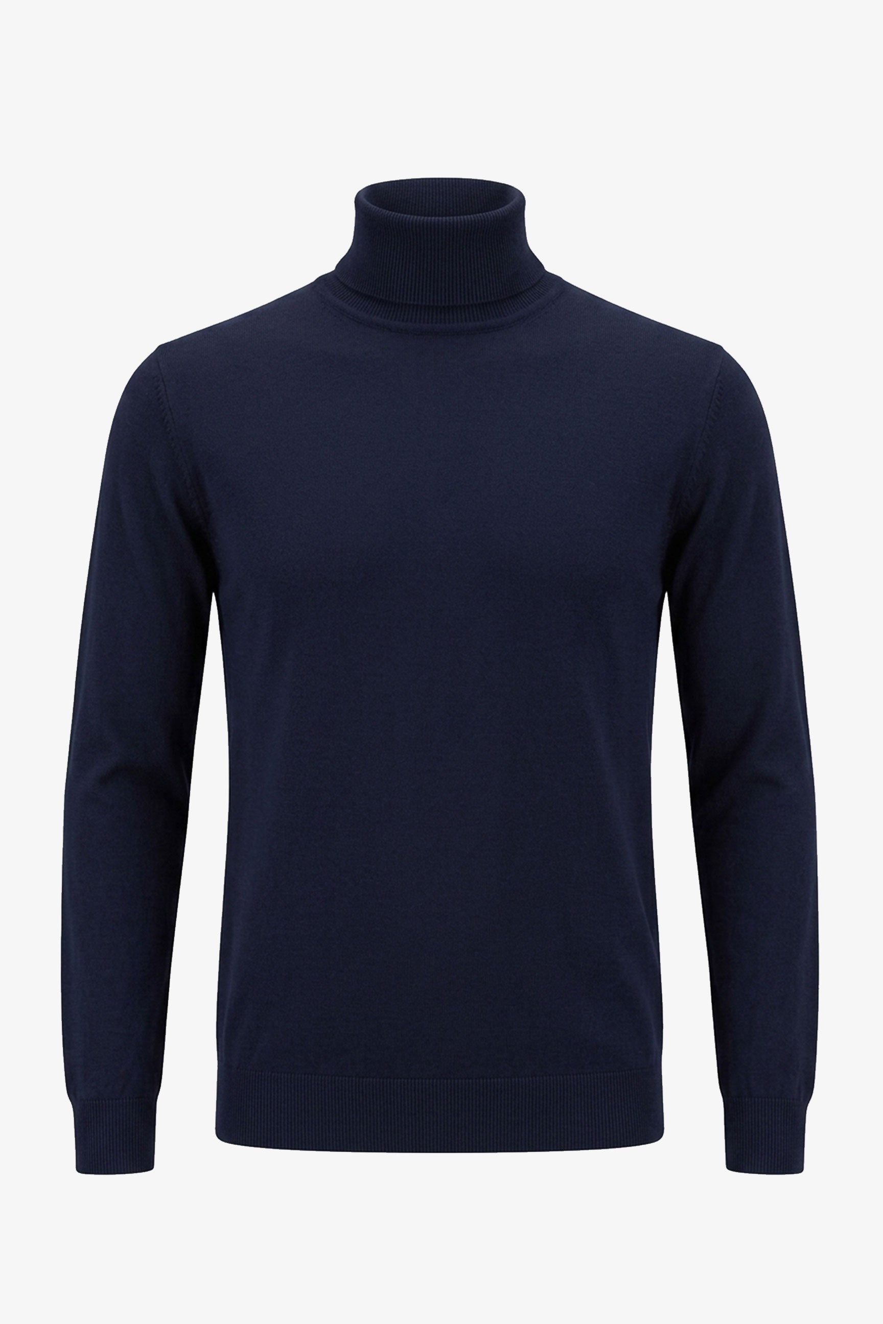 Maglione da uomo a collo alto blu navy, in morbido misto viscosa, a maniche lunghe.