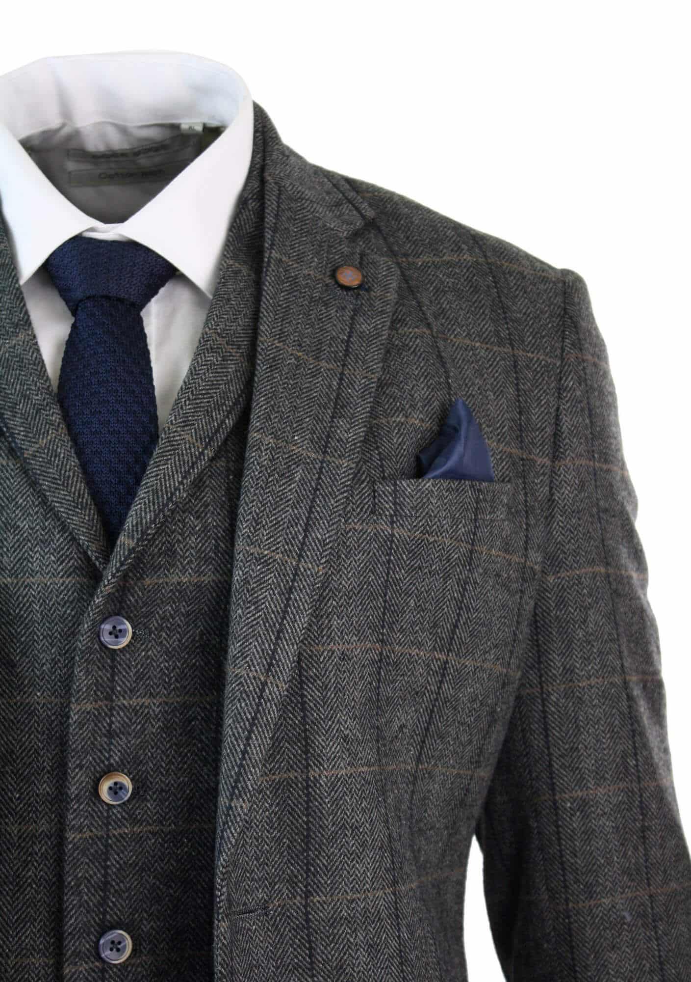 Cavani Albert - Men's Herringbone Tweed Check 3 Piece Suit - Charcoal