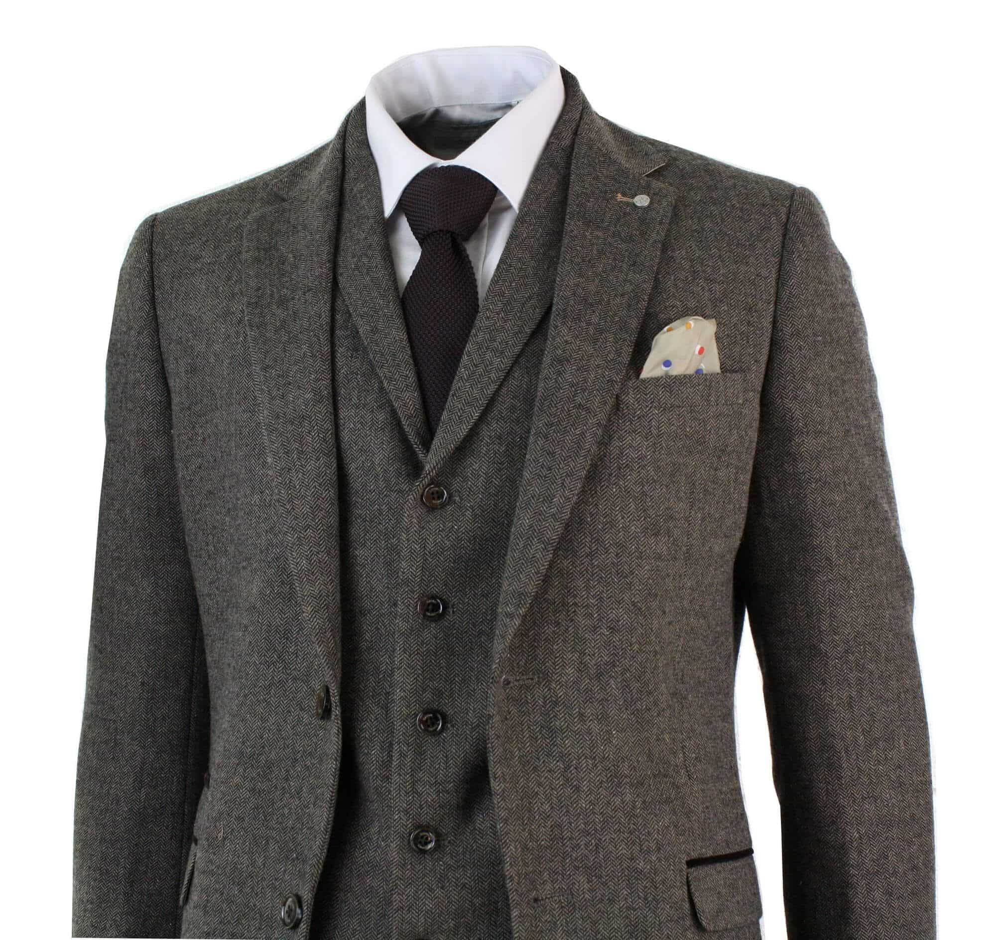 Mens 3 Piece Wool Blend Herringbone Tweed Suit Brown Vintage Tailored Fit Tan