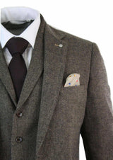 Mens 3 Piece Wool Blend Herringbone Tweed Suit Brown Vintage Tailored Fit Tan