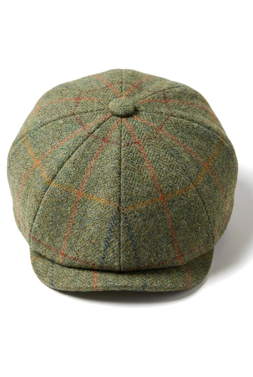 Berretto piatto da uomo a 8 pannelli in tweed Blinders, modello Newsboy, a quadri verdi