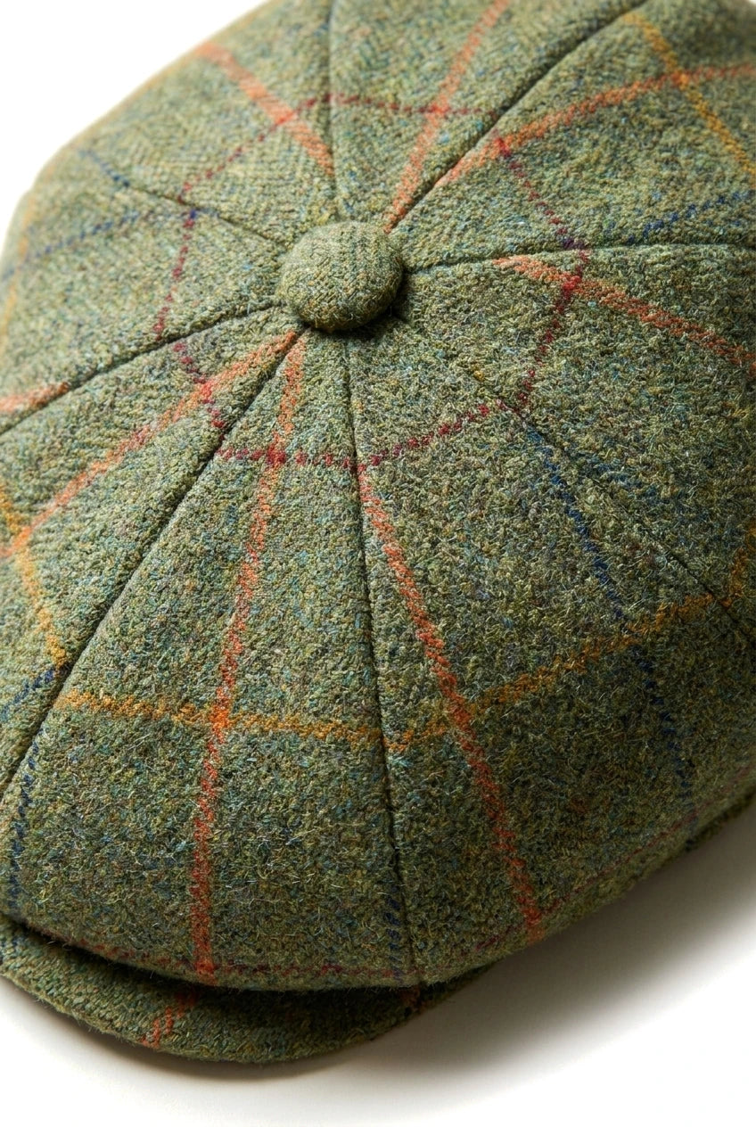 Berretto piatto da uomo a 8 pannelli in tweed Blinders, modello Newsboy, a quadri verdi