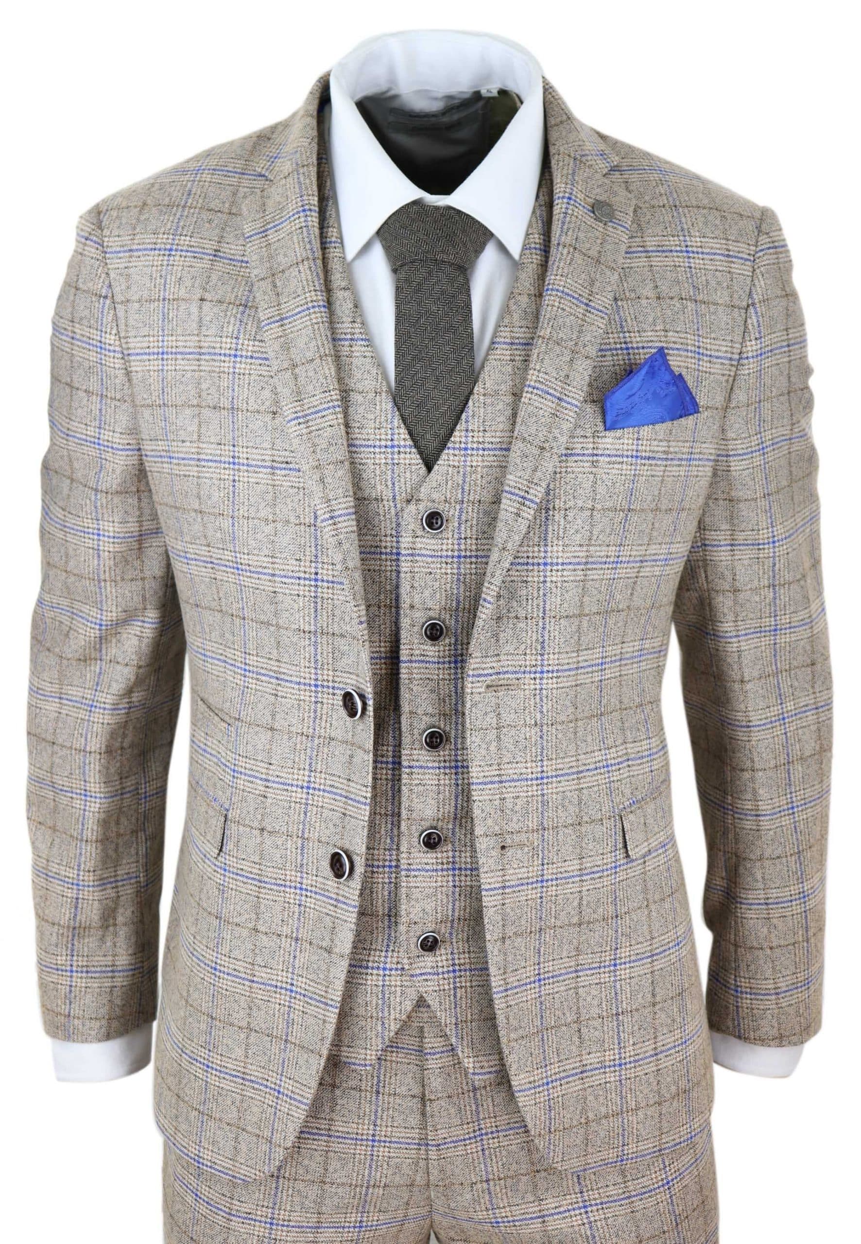 Mens Beige 3 Piece Tweed Check Suit