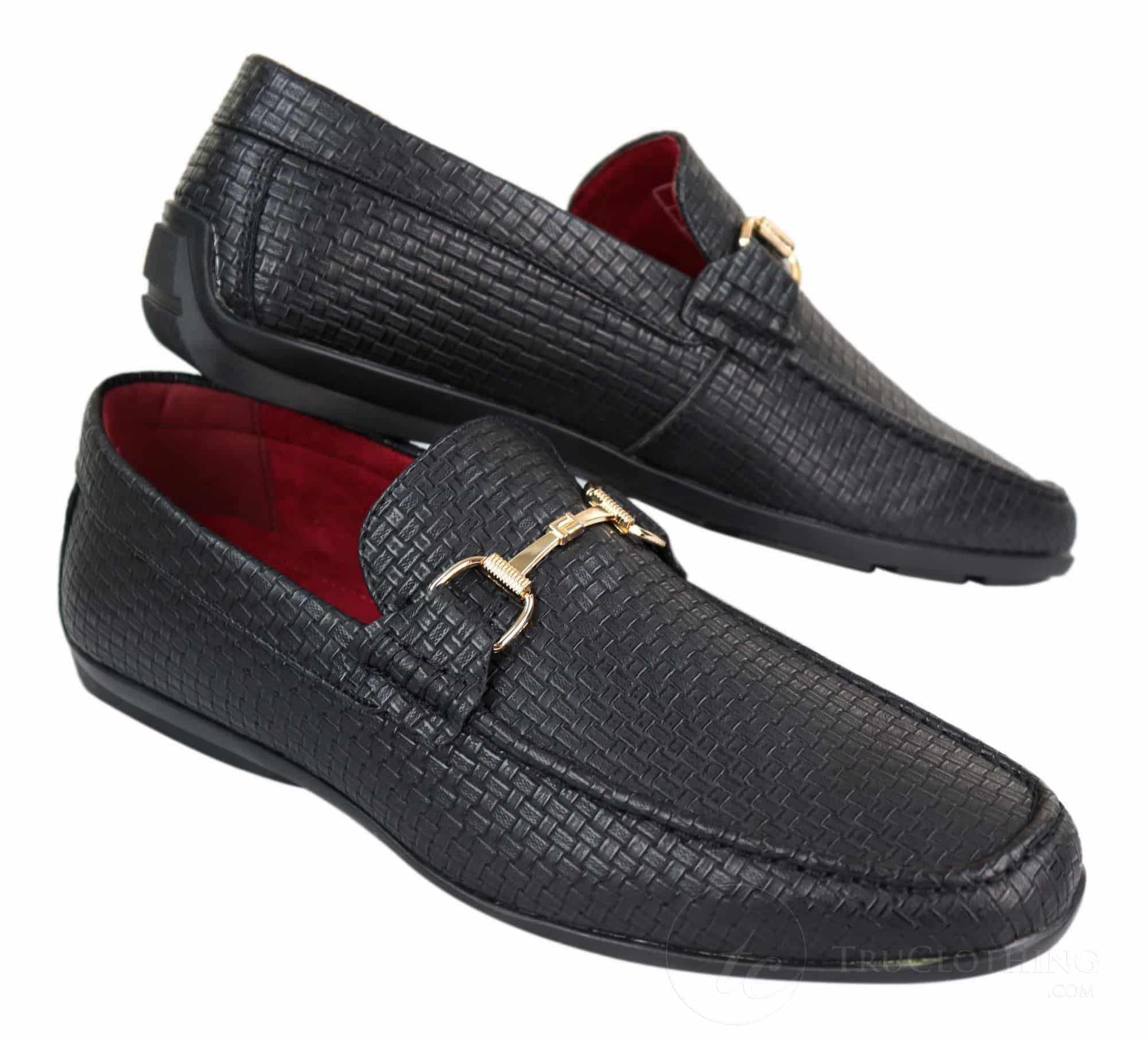 Mens Black Weave PU Leather Loafers