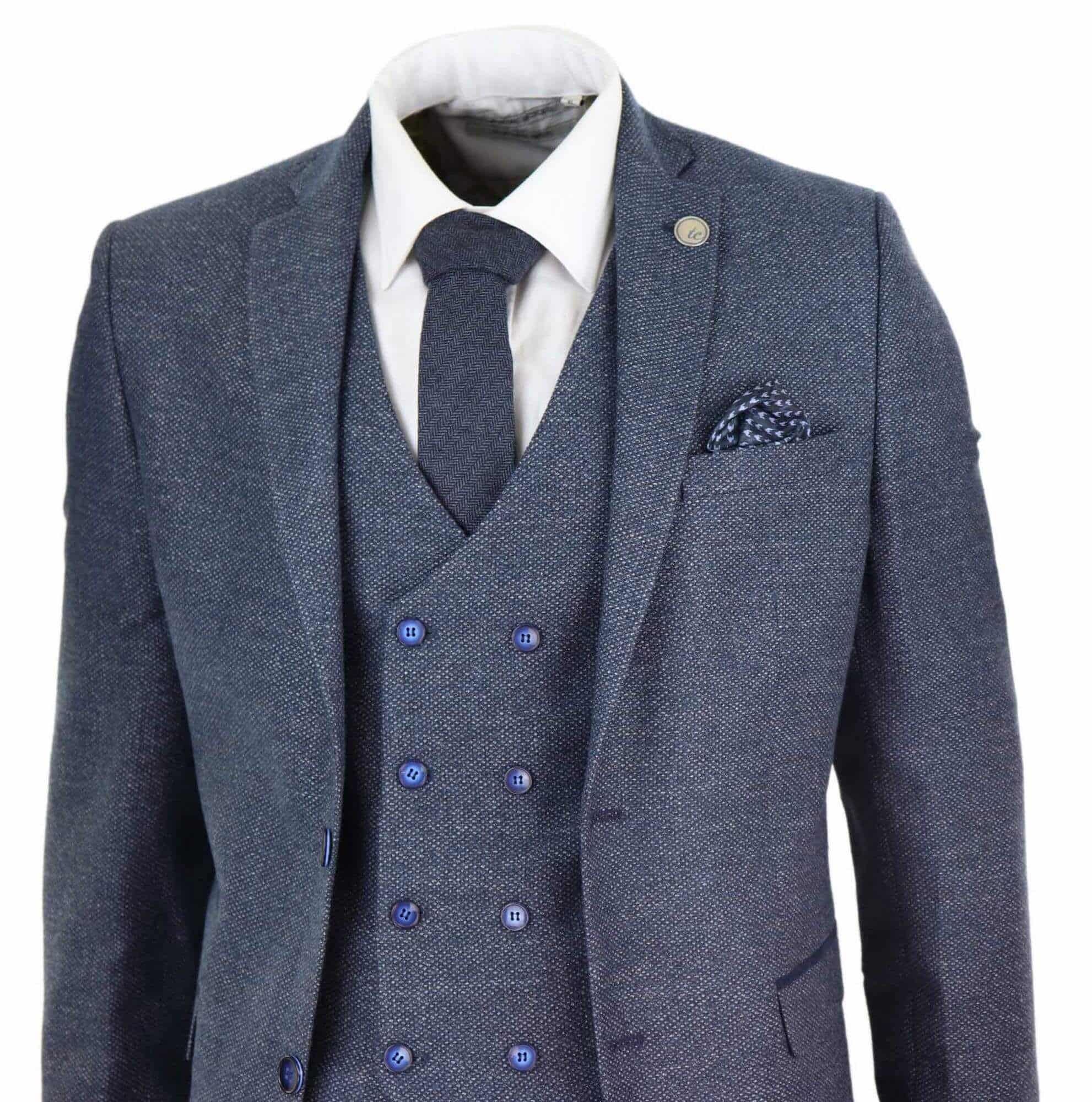 Mens Blue 3 Piece Suit with Double Breasted Waistcoat