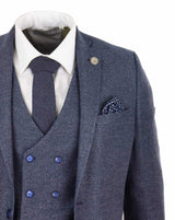 Mens Blue 3 Piece Suit with Double Breasted Waistcoat