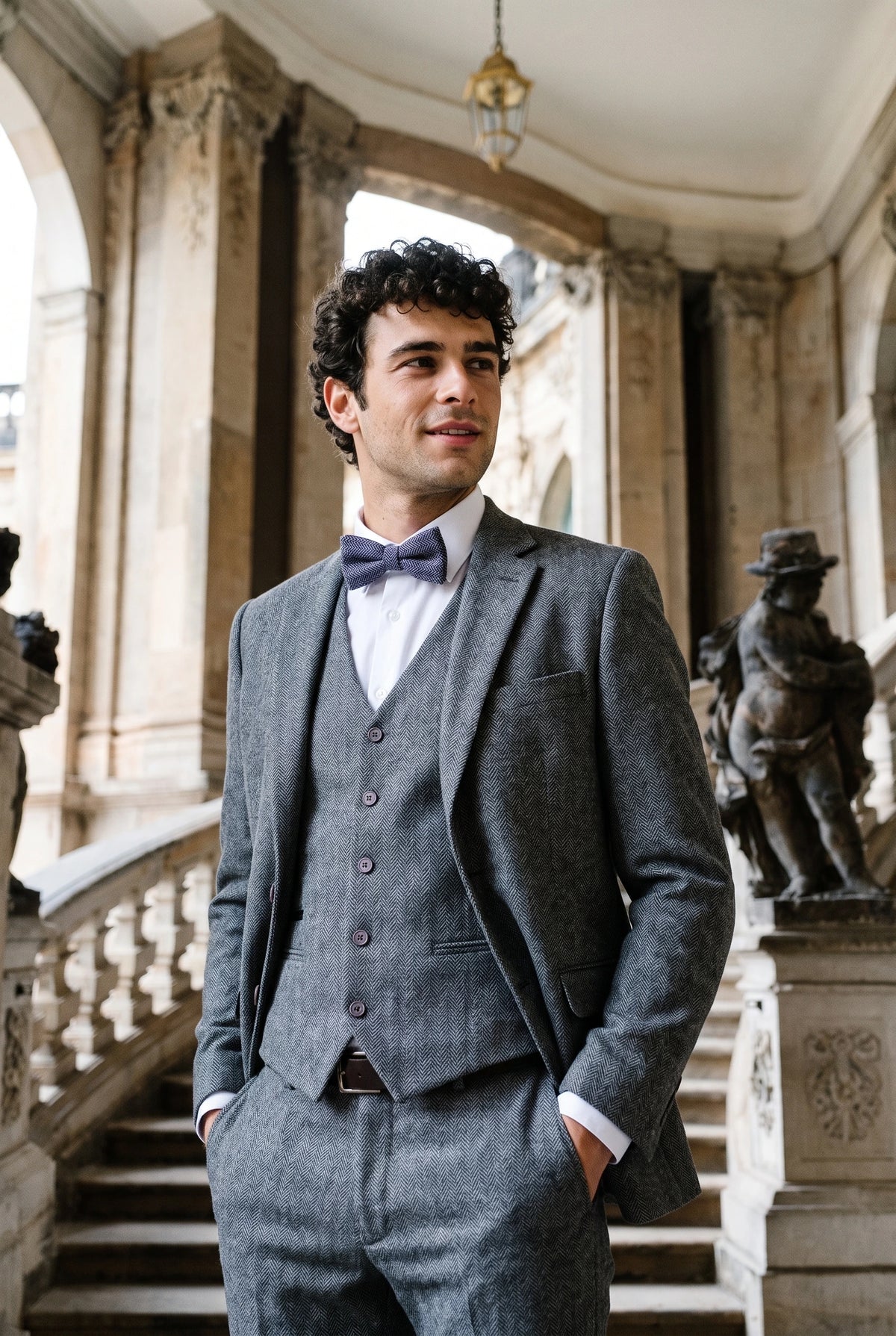 Papillon da uomo in tweed blu a spina di pesce