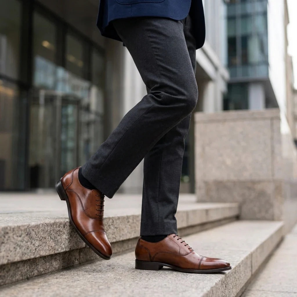 Scarpe Derby da uomo in pelle marrone liscia con punta rinforzata