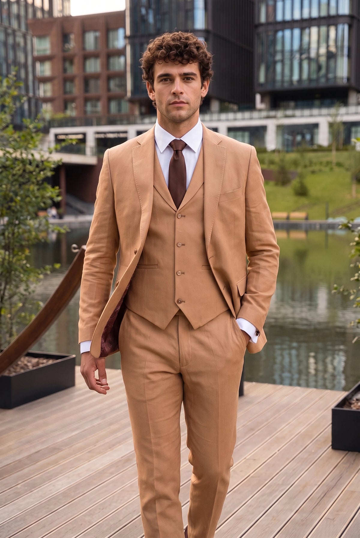 Set da uomo con cravatta marrone, fazzoletto da taschino e gemelli.