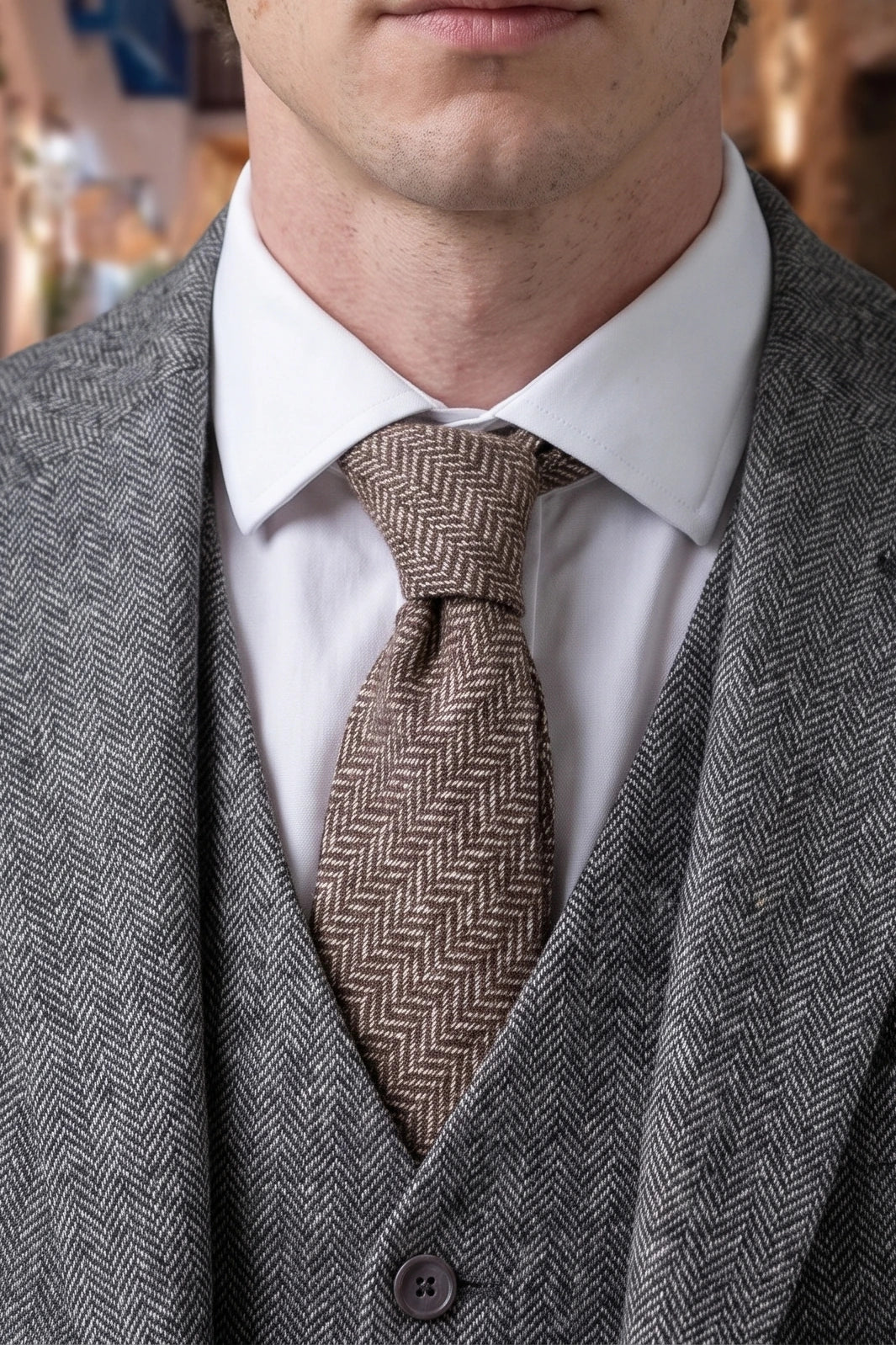 Cravatta da uomo in tweed marrone a spina di pesce