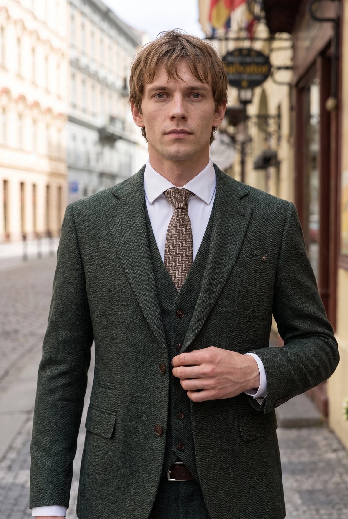 Cravatta da uomo in tweed marrone a spina di pesce