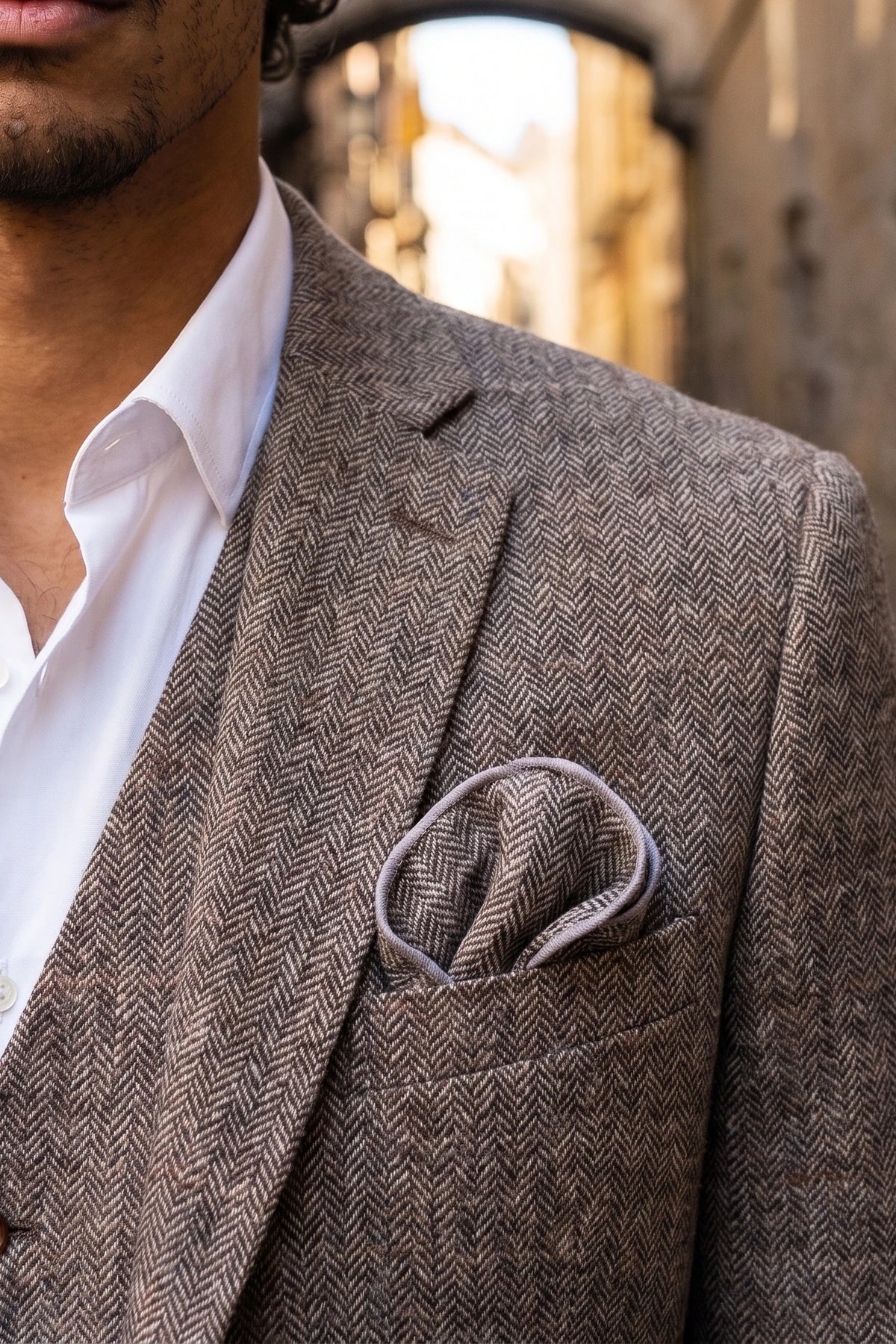 Fazzoletto da taschino da uomo in misto lana tweed marrone