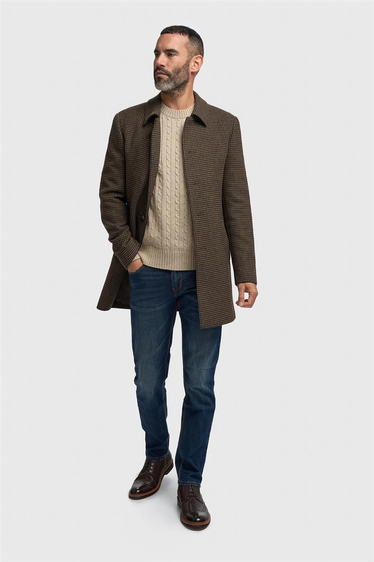 Cappotto da uomo in tweed pied de poule in misto lana marrone