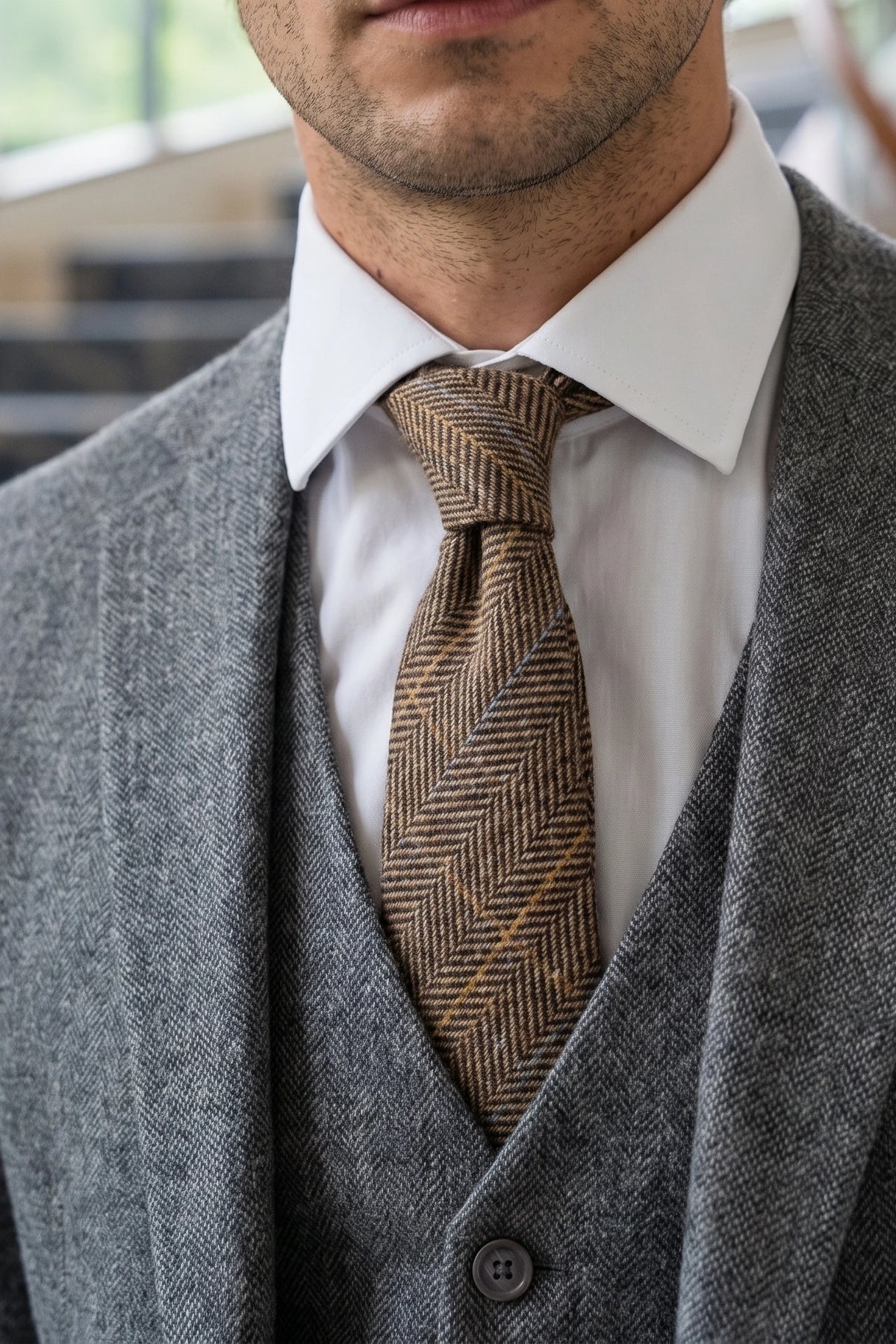 Cravatta da uomo in tweed di misto lana marrone