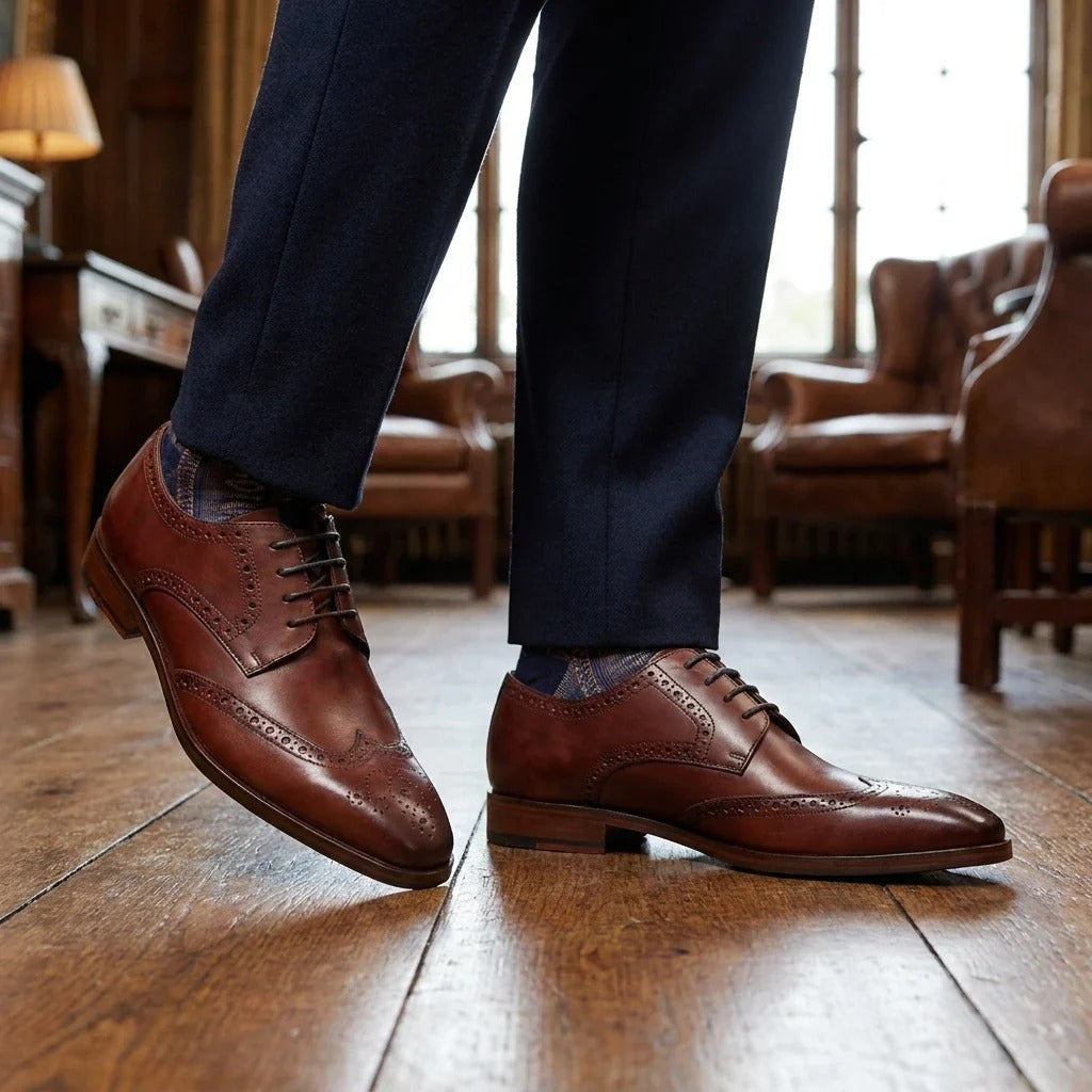 Scarpe stringate brogue classiche da uomo in pelle bordeaux