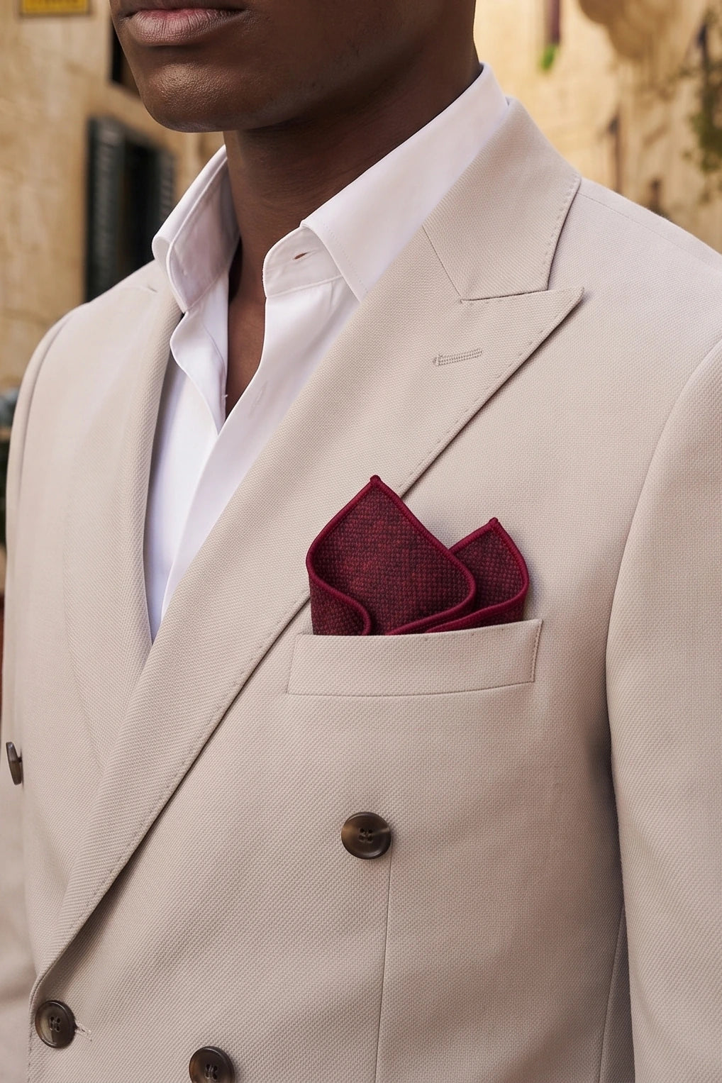 Fazzoletto da taschino da uomo in misto lana tweed bordeaux
