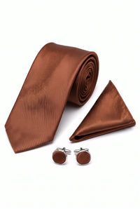 Set da uomo in rame con cravatta, fazzoletto da taschino e gemelli.
