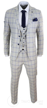Mens Cream Blue Check Wedding Suit