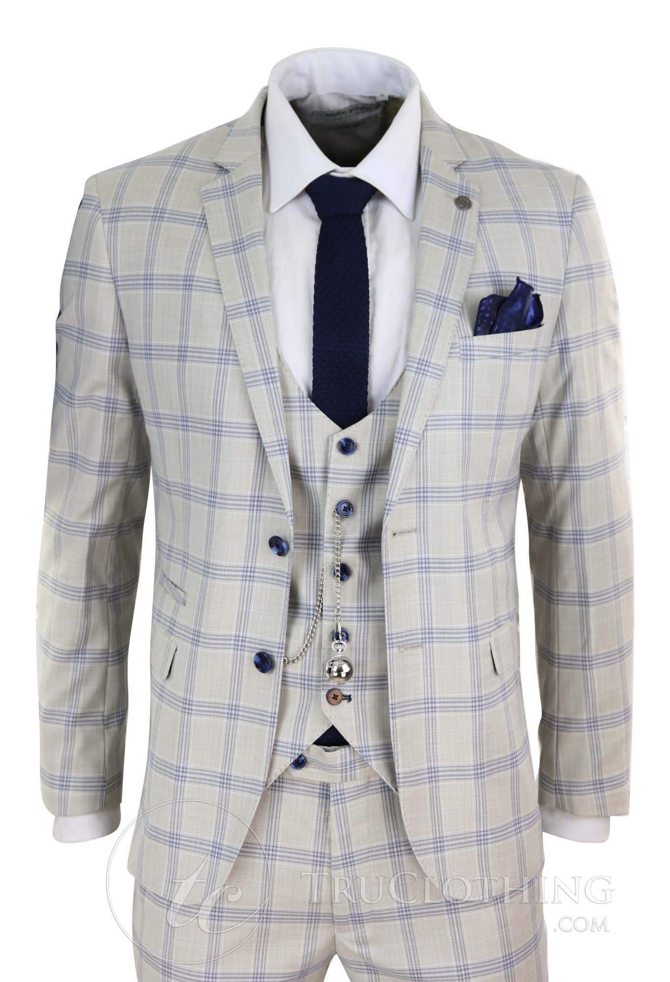 Mens Cream Blue Check Wedding Suit