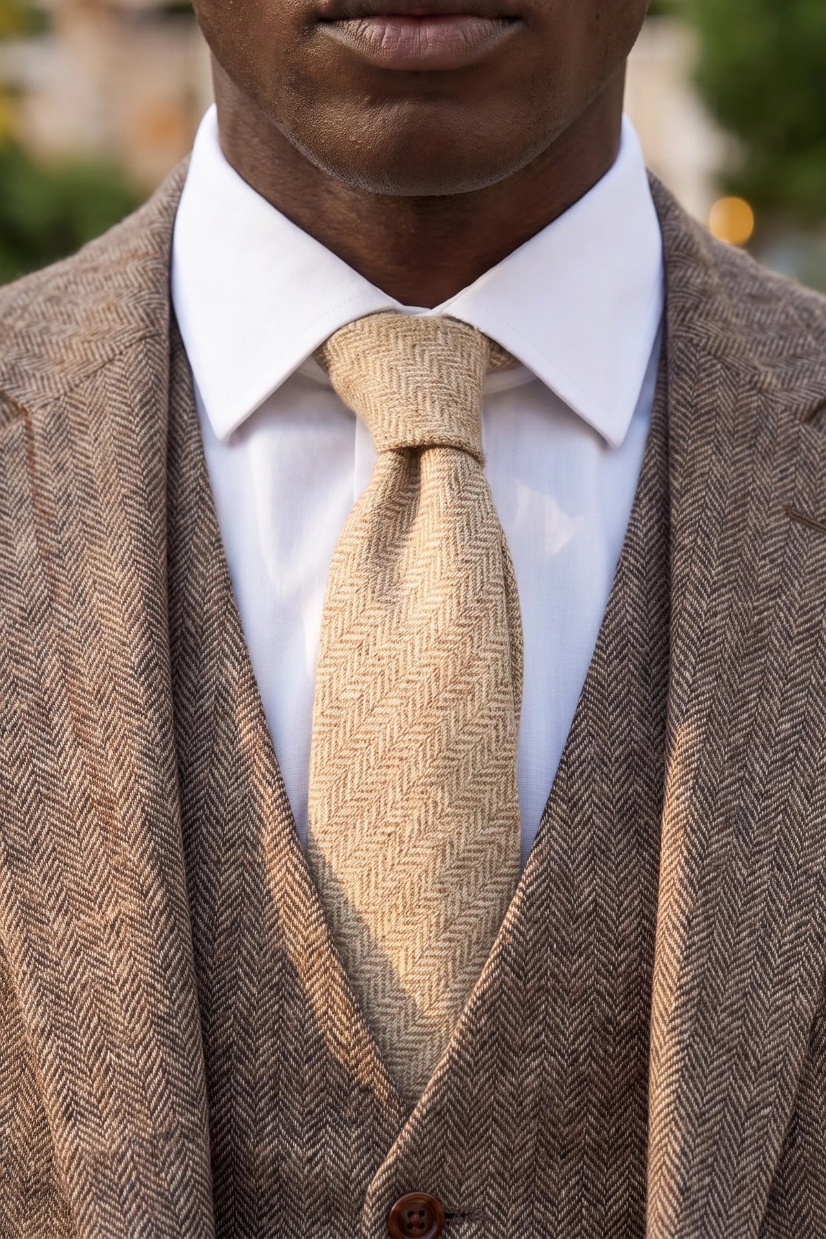 Cravatta da uomo in tweed color crema in misto lana