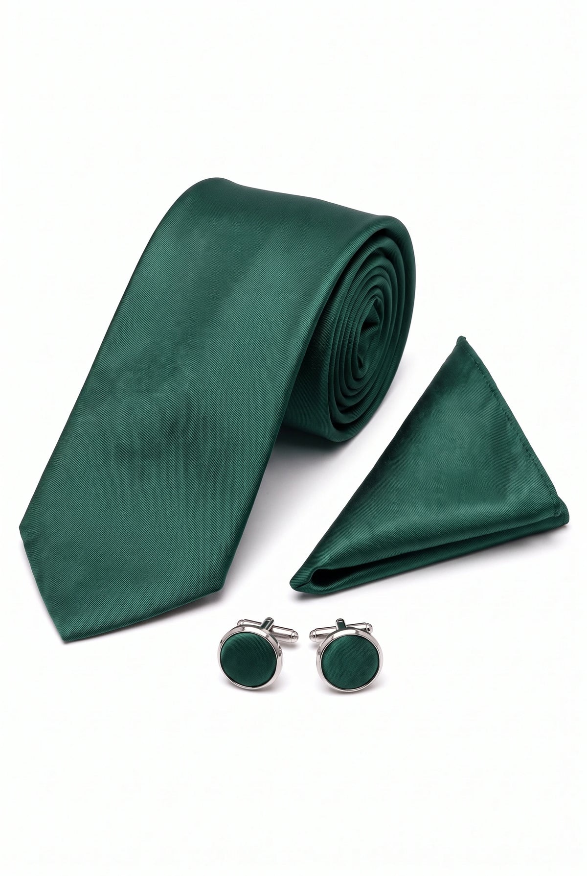 Set da uomo con cravatta verde foresta, fazzoletto da taschino e gemelli.