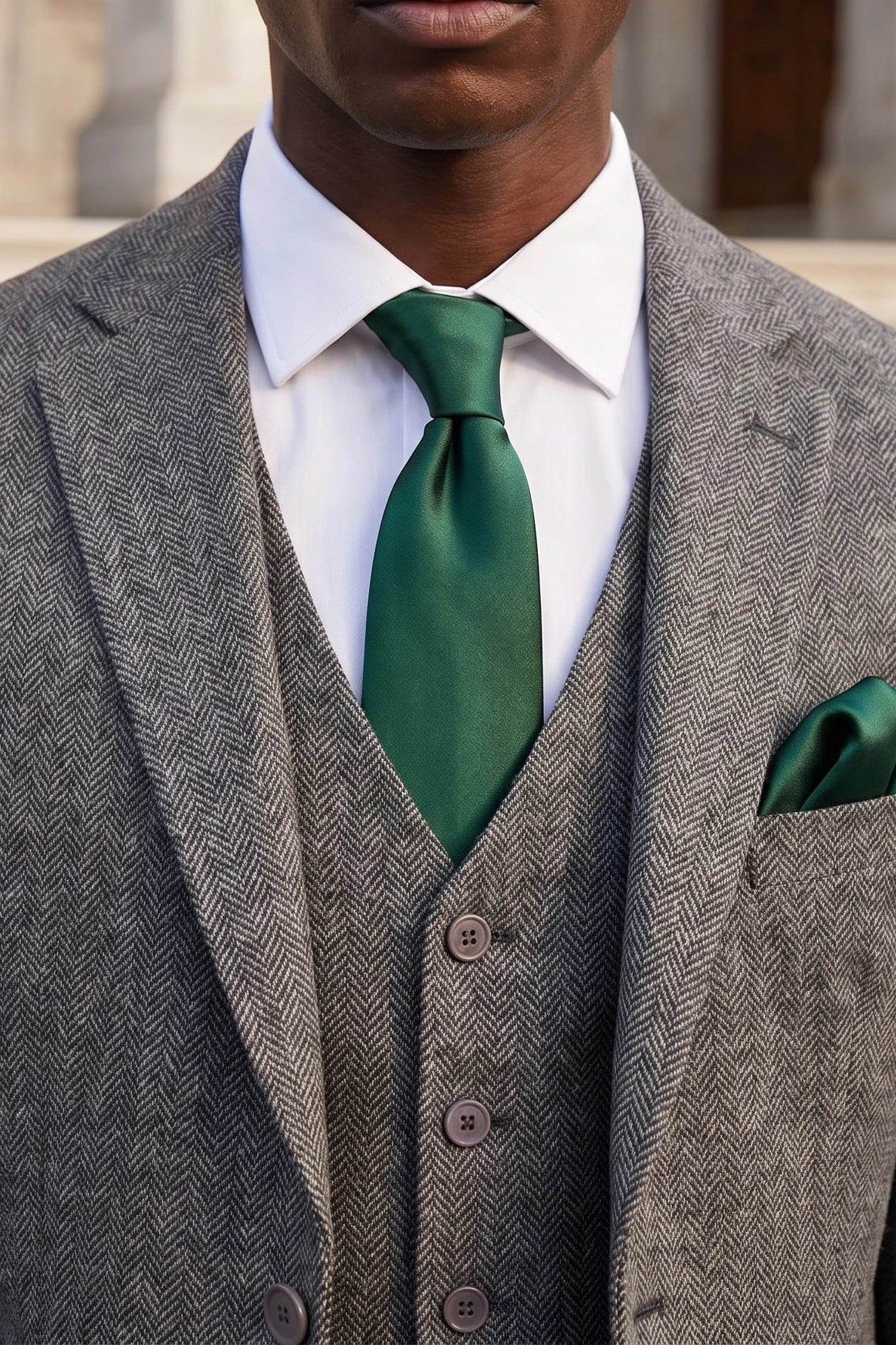 Set da uomo con cravatta verde foresta, fazzoletto da taschino e gemelli.