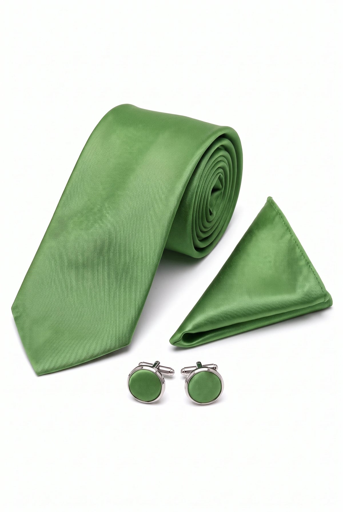 Set da uomo con cravatta verde, fazzoletto da taschino e gemelli abbinati.