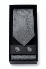 Set regalo con cravatta da uomo grigia a fantasia paisley