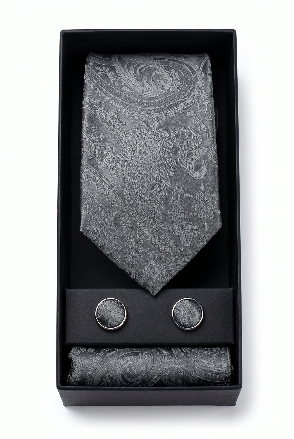 Set regalo con cravatta da uomo grigia a fantasia paisley