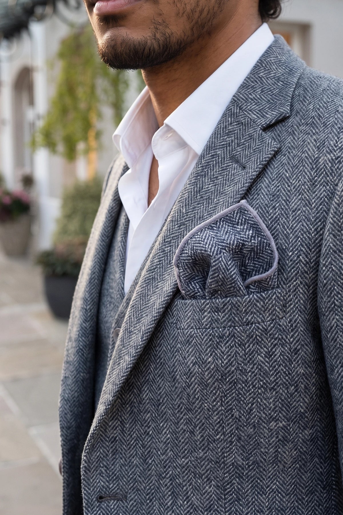 Fazzoletto da taschino da uomo in misto lana tweed grigio