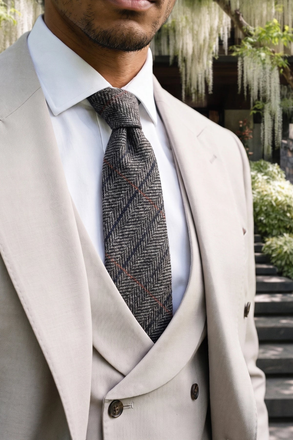 Cravatta da uomo in tweed grigio misto lana