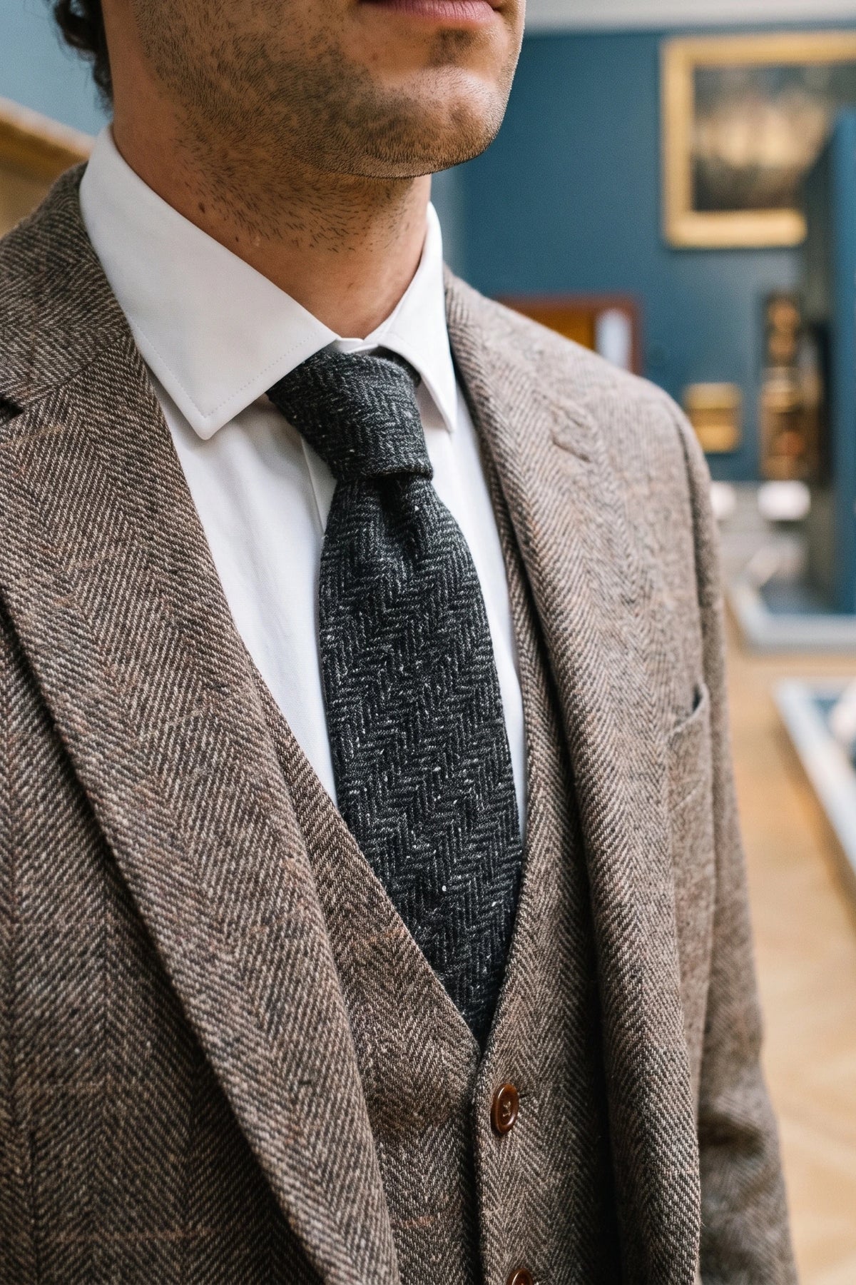 Cravatta da uomo in tweed grigio misto lana