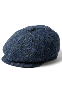 Cappellino da uomo a spina di pesce in tweed blu a 8 pannelli