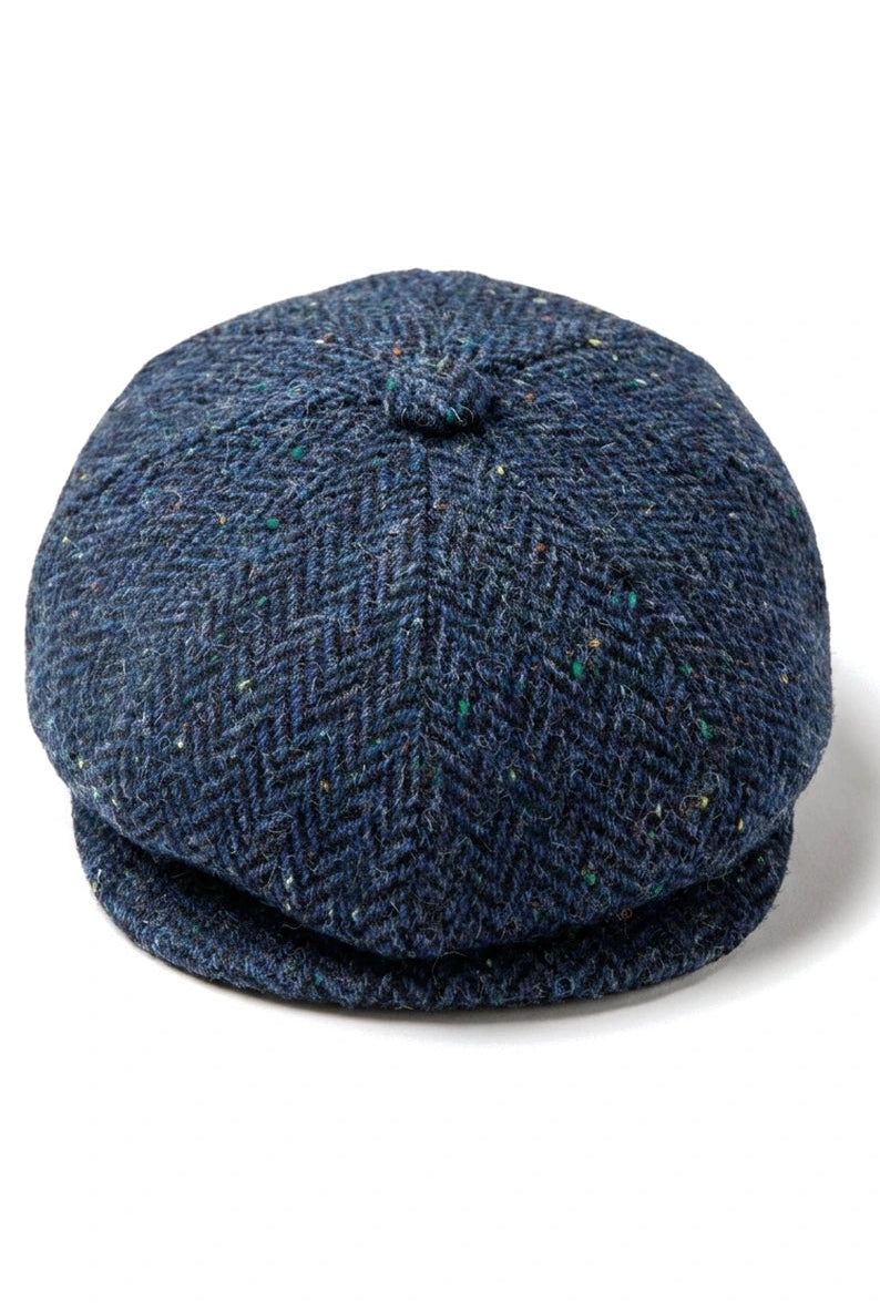 Cappellino da uomo a spina di pesce in tweed blu a 8 pannelli