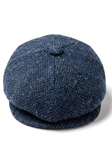 Cappellino da uomo a spina di pesce in tweed blu a 8 pannelli