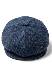 Cappellino da uomo a spina di pesce in tweed blu a 8 pannelli