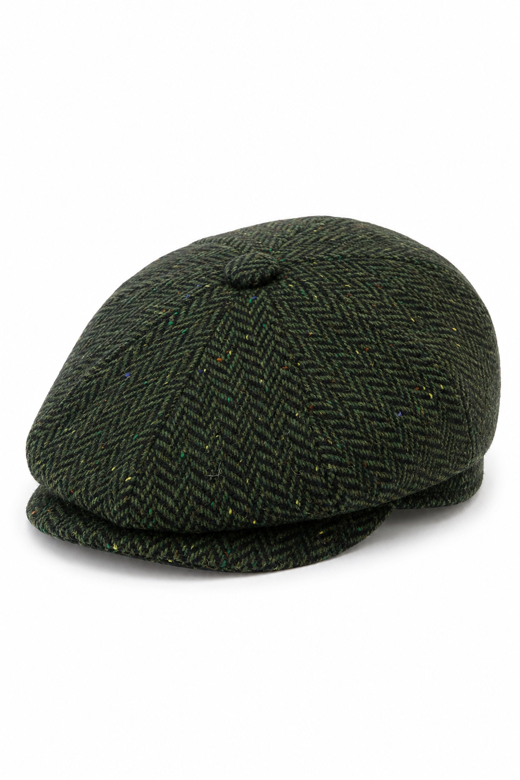 Cappellino da uomo a spina di pesce in tweed a 8 pannelli, verde oliva