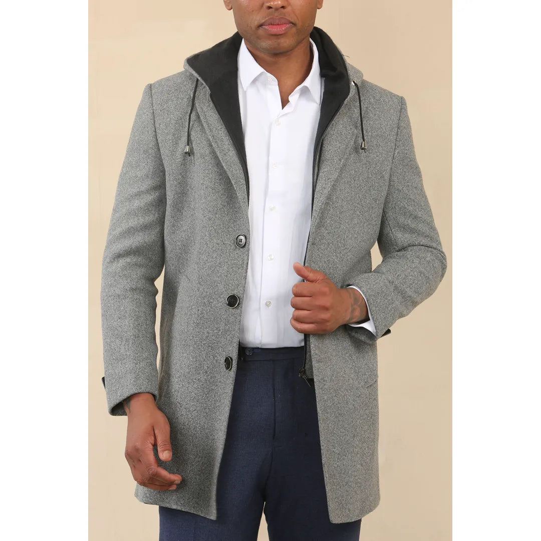 Cappotto classico da uomo in misto lana con cappuccio
