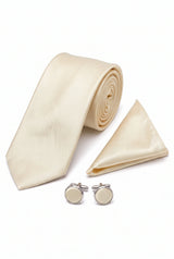 Set da uomo color avorio con cravatta, fazzoletto da taschino e gemelli.