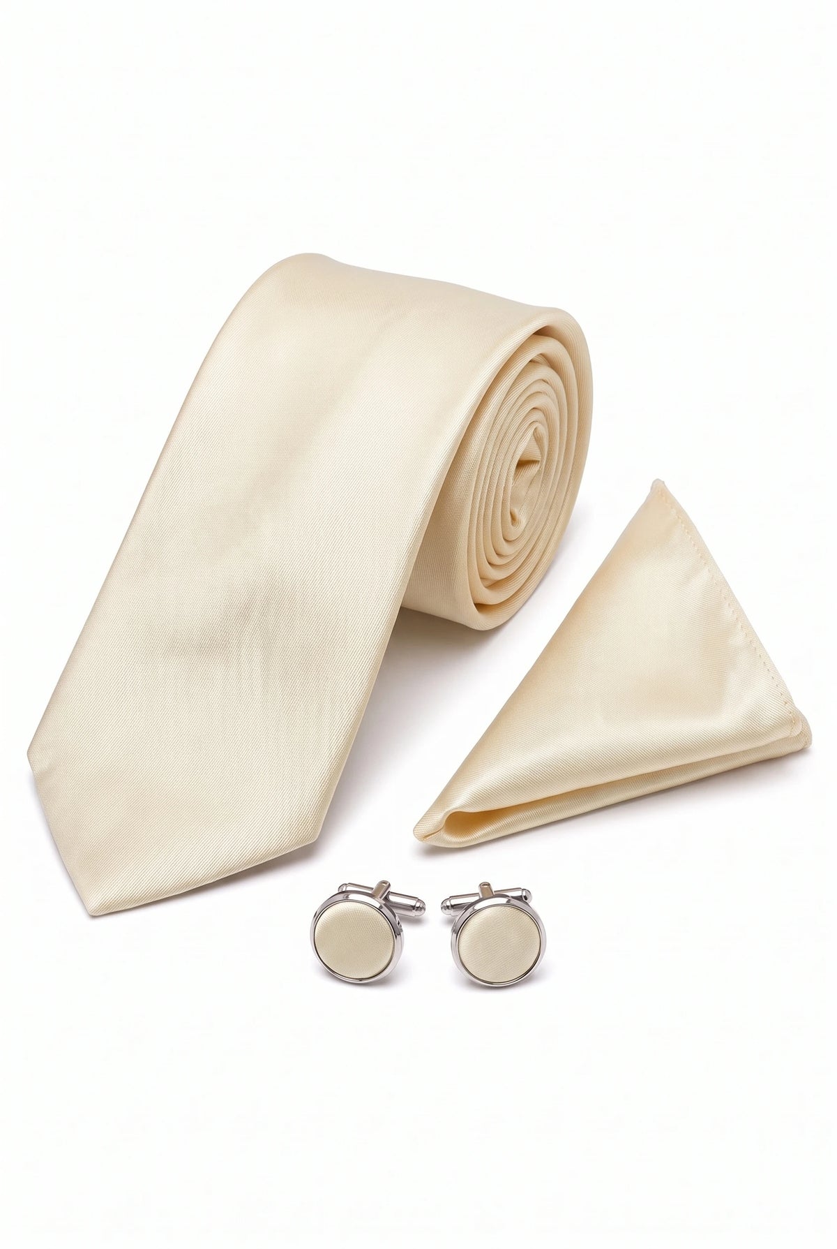 Set da uomo color avorio con cravatta, fazzoletto da taschino e gemelli.