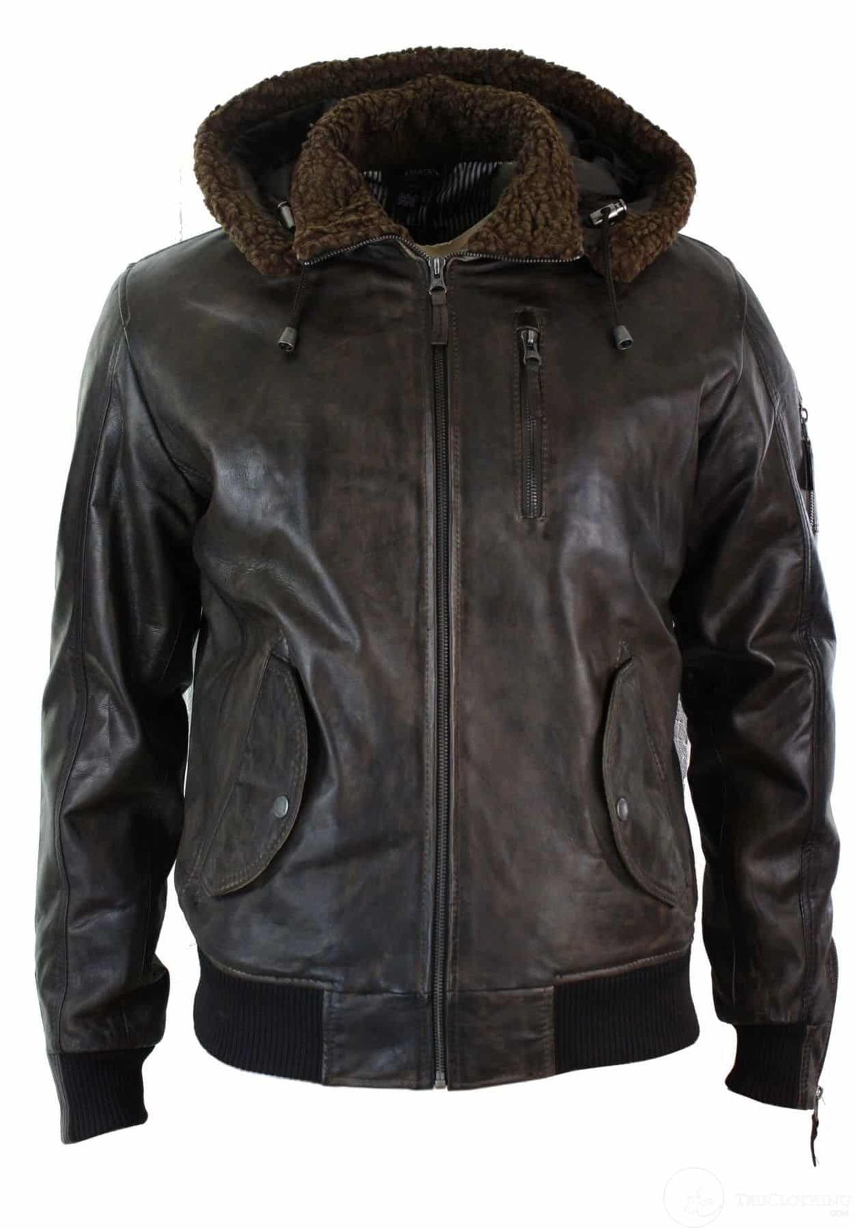 Mens Real Leather Hood Fur Jacket Bomber Aviator Vintage Brown Retro-Brown