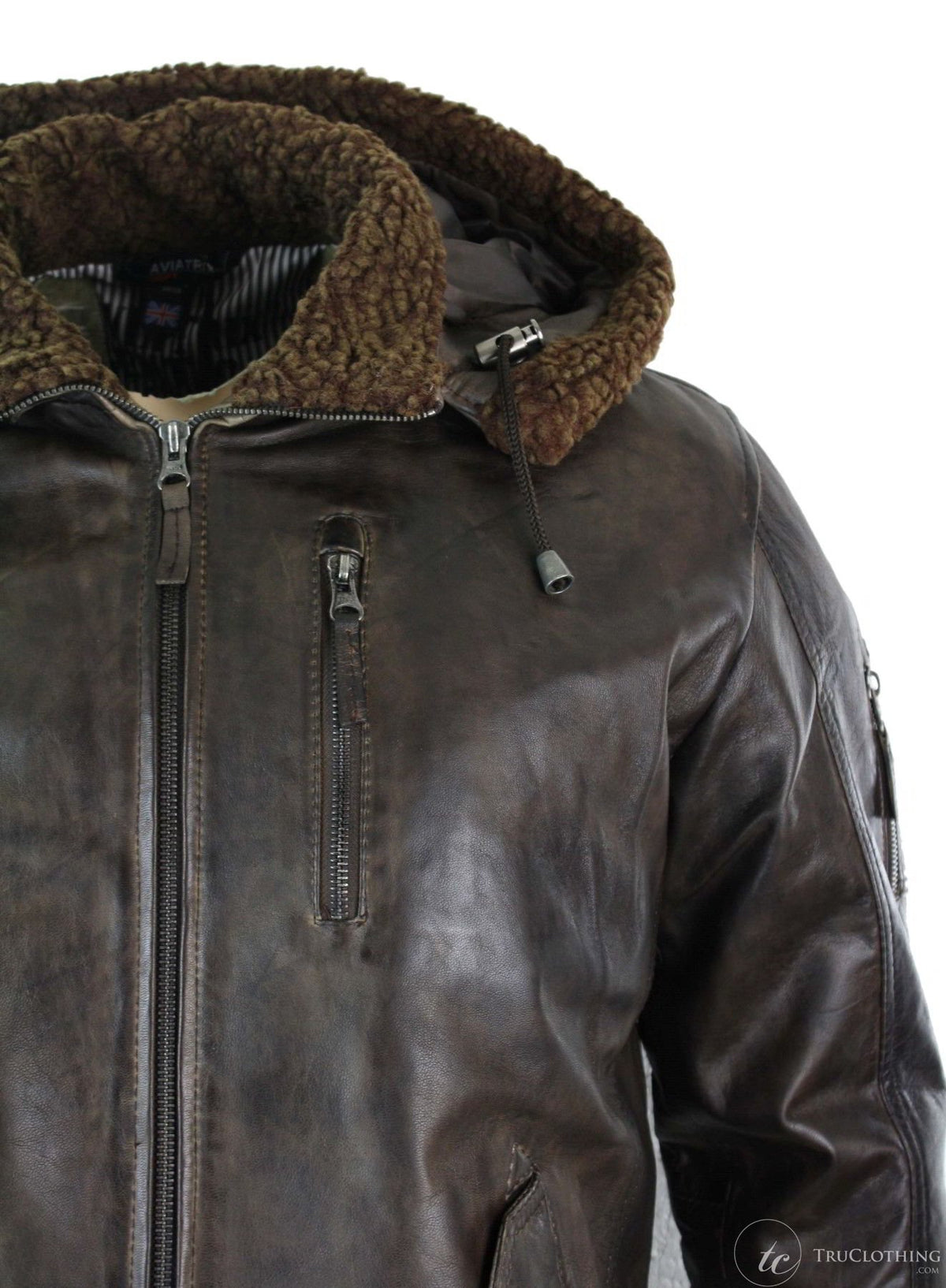 Mens Real Leather Hood Fur Jacket Bomber Aviator Vintage Brown Retro-Brown