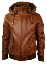 Mens Real Leather Hood Fur Jacket Bomber Aviator Vintage Brown Retro-Tan