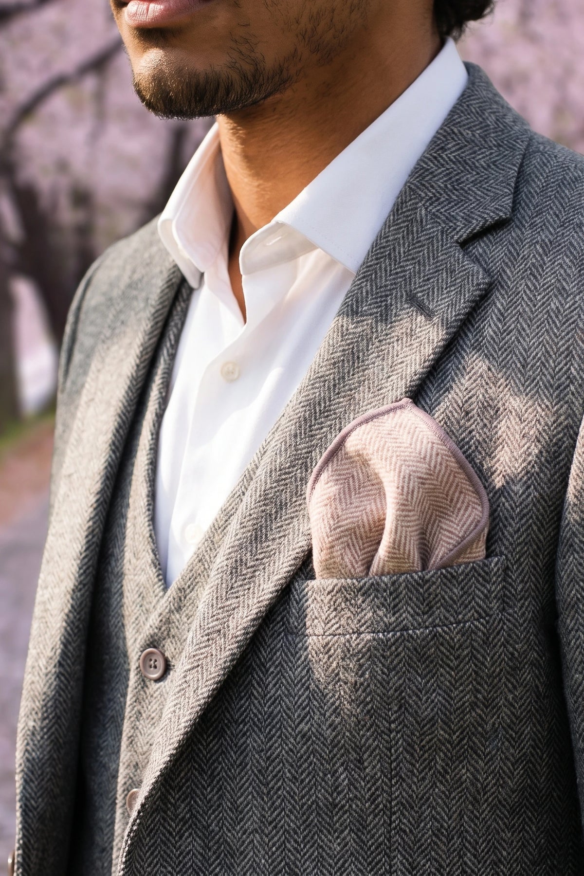 Fazzoletto da taschino da uomo in misto lana tweed rosa chiaro