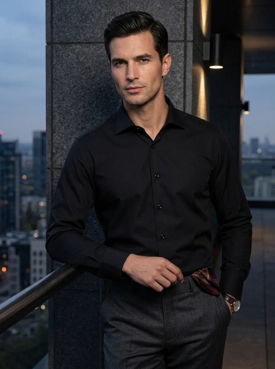 Camicia elegante da uomo a maniche lunghe con bottoni - Nera