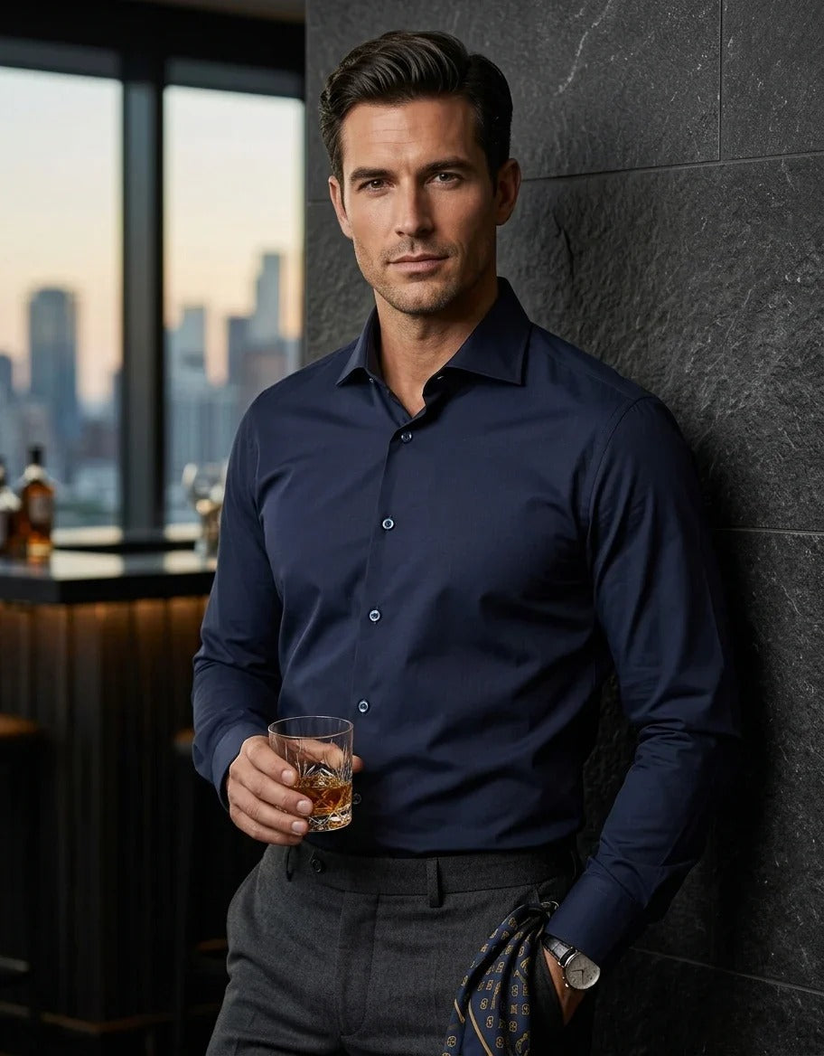 Camicia elegante da uomo a maniche lunghe con bottoni - Blu navy