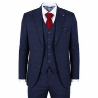IM54 - Abito da uomo a tre pezzi a quadri blu navy, vestibilità sartoriale
