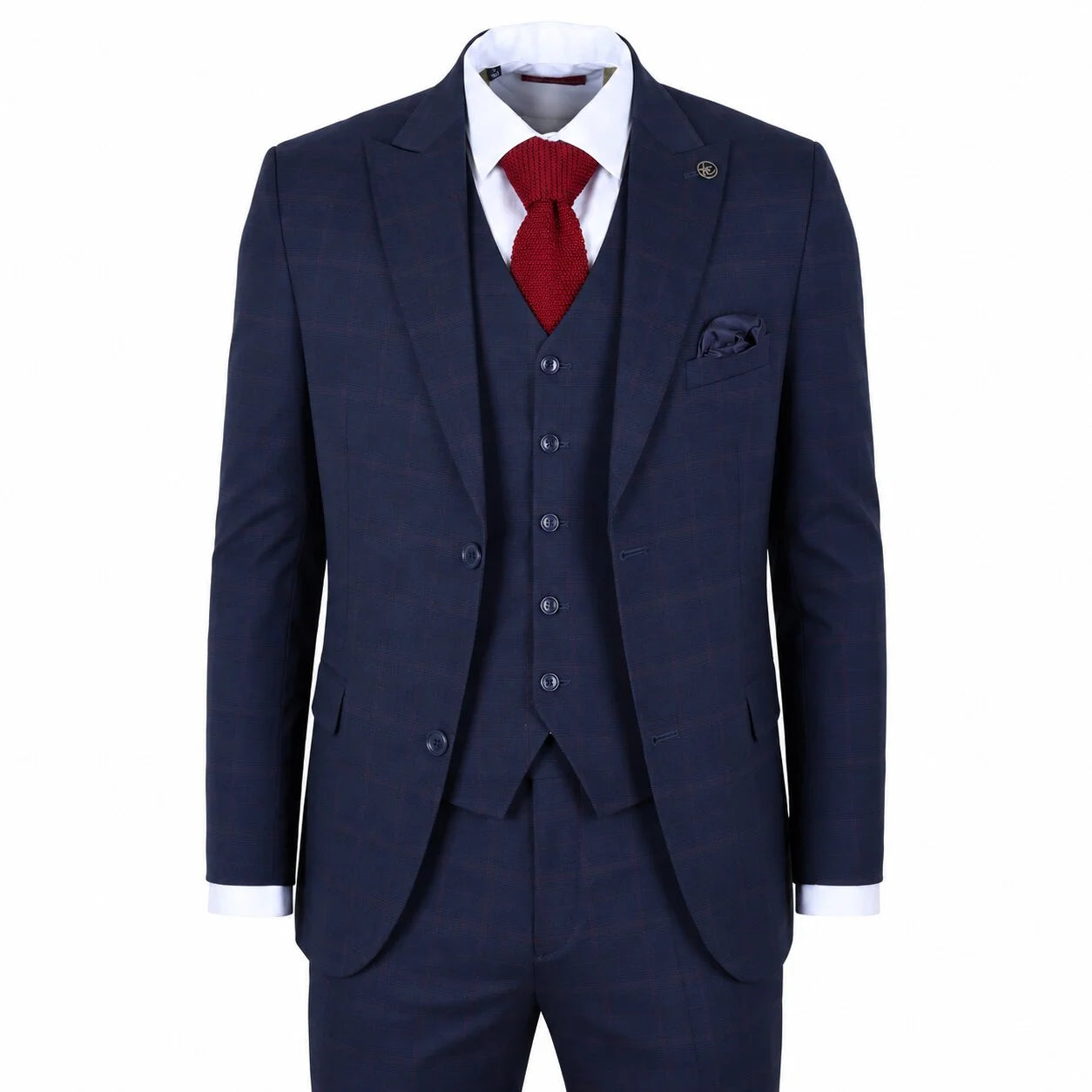 IM54 - Abito da uomo a tre pezzi a quadri blu navy, vestibilità sartoriale